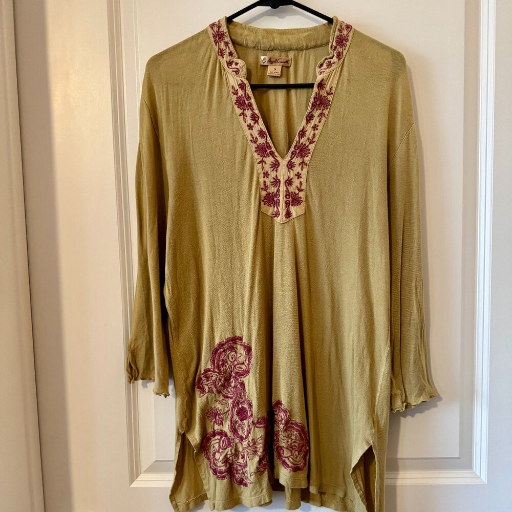 April Cornell Embroidered Tunic Boho Top — Mustard & Plum, Size M
